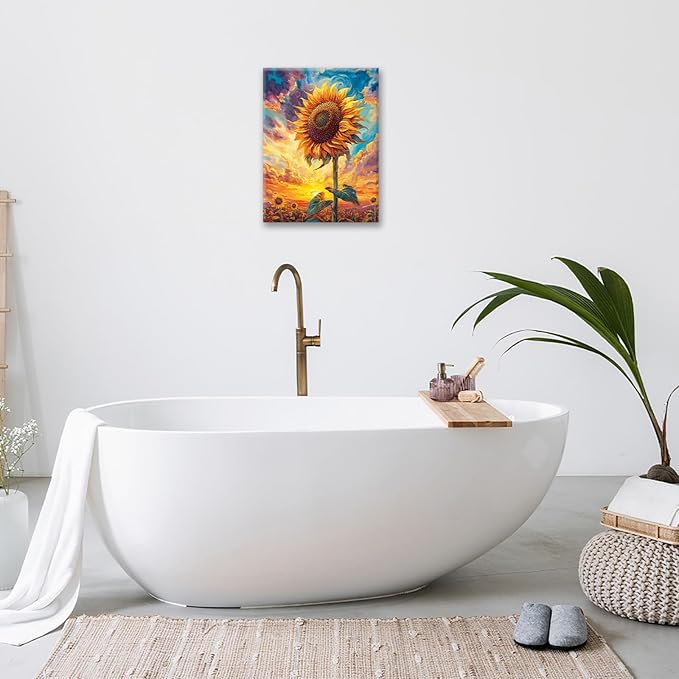 Sunflower Wall Art Canvas Yellow Floral Wall Decor Prints Framed Painting Pictures Gifts Artwork for Bathroom Bedroom Living Dining 16"x20"