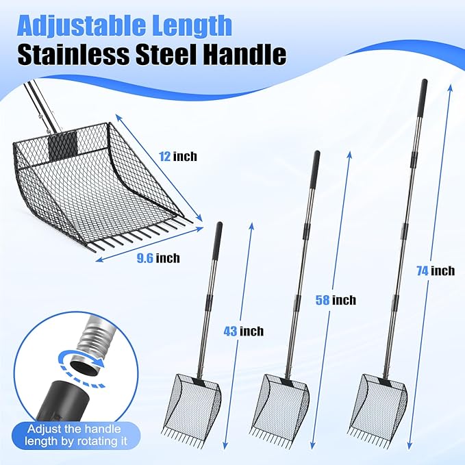 CAROD Chicken Poop Scooper & Rake 2-in-1, Metal Chicken Coop Scoop for Poop with 24 to 68" Adjustable Stainless Steel Handle, Litter Scooper Sand Sifting Shovel Chicken Coops/Animals House