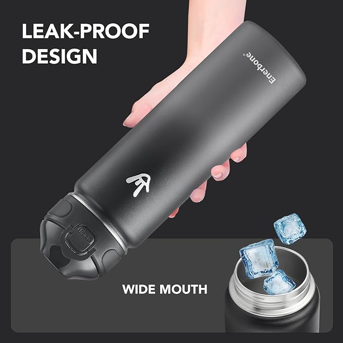 Enerbone 24 oz Insulated Water Bottle, Stainless Steel Bottle with Carrying Strap, Double-Wall Vacuum Insulation Design, Leakproof Sports Bottle with Straw, Keep Drinks Cold or Hot for Hours