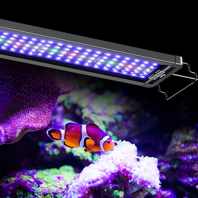 Pawfly 48W Saltwater Aquarium Light for 48" to 54" Fish Tanks Dimmable LED Reef Light for Coral Extendable Marine Fish Tank Light with Full Spectrum D/N Mode Timer Auto On/Off Adjustable Brightness
