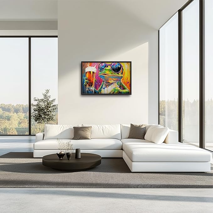 Large Graffiti Frog Wall Art for Living Room, Framed Oversized Funny Frog Beer Wall Decor Colorful Animal Canvas Painting Modern Artwork for Bathroom Bedroom Office Dining Room 36"x24"