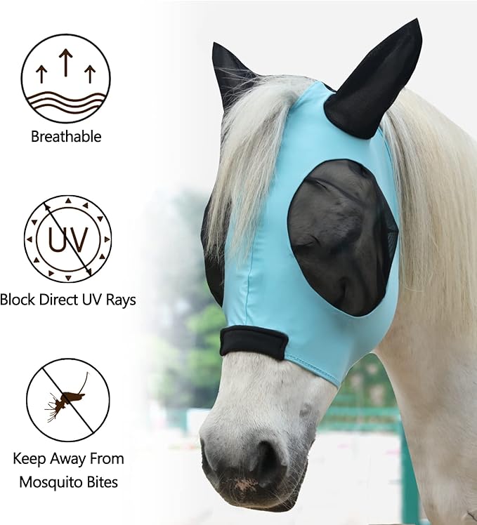 Horse Fly Mask with Ears - Large Eye Space for Full Vision, Breathable Stretch Comfort Fit, UV Protection, Forelock Opening, Easy Pull-On Paleblue Full