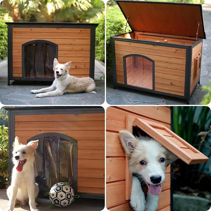 Dog House Outdoor Weatherproof 34.3" L Chew Proof Outside Dog Kennel for Small Medium Dogs with Strong Metal Chew Proof Frame Raised Design