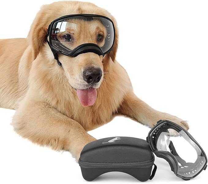 NAMSAN Clear Dog Goggles for Large Dogs, Wide Eyecup & Soft Frame, Anti-UV Sunglasses for Dogs Medium to Large Breed, Driving Dog Eye Protection, Windproof Dustproof, Adjustable, Black Frame