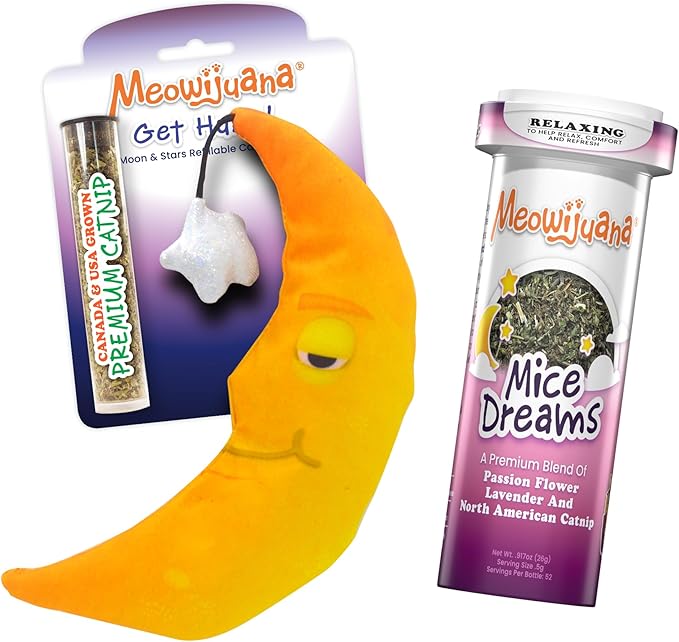 Meowijuana Sleepy Time Bundle | Get Hung Refillable Moon and Stars Toy and Mice Dreams Catnip Blend | Promotes Play and Cat Health | Includes North American Organic Catnip