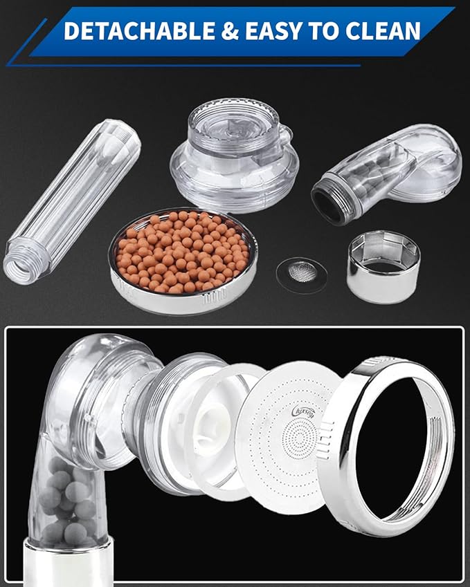 Luxsego Filtered Shower Head for Hard Water, High Pressure 3 Modes Shower Heads with Handheld Spray, Water Softener Showerhead Set with Mineral Beads to Remove Chlorine & Fluoride for Dry Hair & Skin