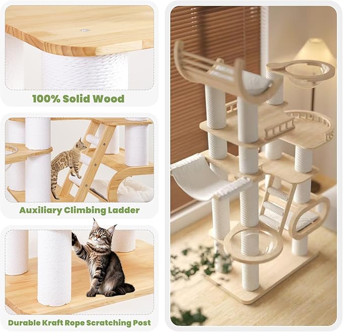 82.7'' Large Cat Tree, Modern Cat Tower with Scratching Post, Luxury Cat House, Wood Cat Tree for Indoor Cats Large Adult, Multi-Level Activity Center with Hammock, Clear Bowl, Semi-Closed Condo