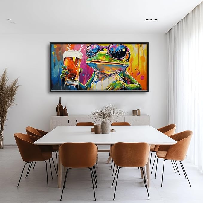 Large Graffiti Frog Wall Art for Living Room, Framed Oversized Funny Frog Beer Wall Decor Colorful Animal Canvas Painting Modern Artwork for Bathroom Bedroom Office Dining Room 60"x30"