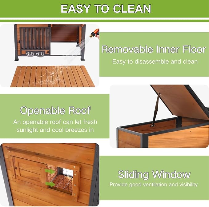Dog House Outdoor with Bowls Weatherproof Dog Kennel with Anti-Chewing Iron Frame Dog Shelter for Small Medium Dogs