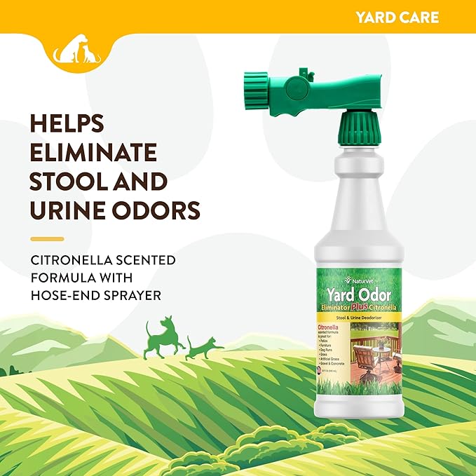 NaturVet – Yard Odor Eliminator Plus Citronella Spray – Eliminate Stool and Urine Odors from Lawn and Yard – Designed for Use on Grass, Patios, Gravel, Concrete & More – 32oz with Hose Nozzle