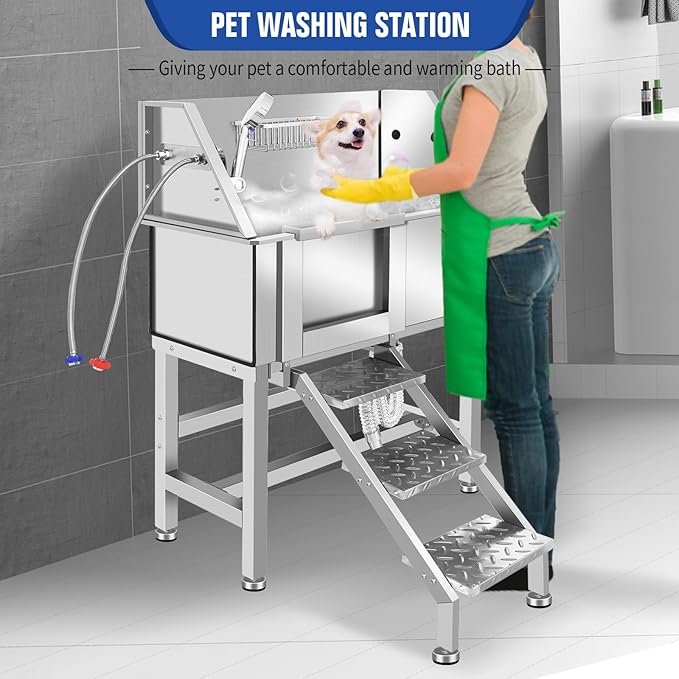 Professional Dog Washing Station, Stainless Steel Dog Bathing Station, Dog Wash Station, Storage Drawer, Upgrade Parts, Home, Commercial,34" L-RAMP
