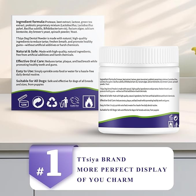 Dog Teeth Cleaning Powder, Pet Dental Powder -Dental Care, Dogs Breath Freshener with Probiotics for Tartar & Reduces Plaque & Bad Breath Teeth Cleaning for Small, Medium, Large Dogs 100g