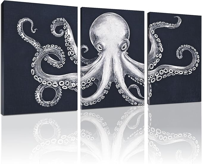 Octopus Wall Decor, Octopus Canvas Wall Art, Ocean Wall Decor,Sea Animal Canvas to Paint for Bathroom, Living Room, Bedroom (16" x 24" x 3 pcs)