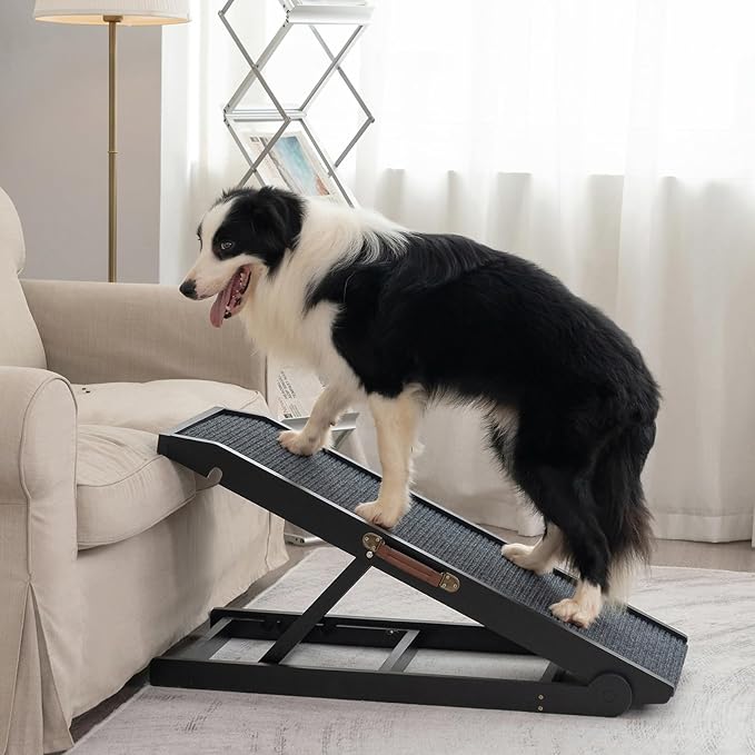 Dog Ramp for Bed Couch - Pet Steps Stairs to Get on Bed Couch 11.8"-19.6" High for Small or Large Dog Up to 200 lbs, Adjustable Wooden Dog Ramp Steps Foldable Portable, Anti-Slip Carpet (Black)