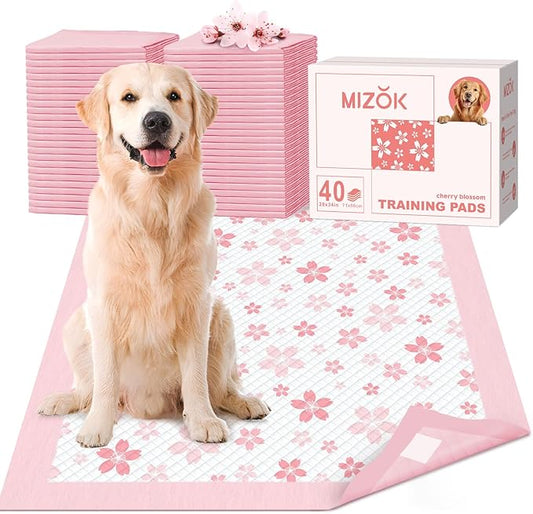 MIZOK Dog Pee Pads 28x34in Pink, Puppy Pads Extra Large Absorbent with Adhesive Tabs 6-Layer Leak-Proof Quick-Dry Design Odor Control for Potty Training, Cherry Blossom Prints (40 Counts)