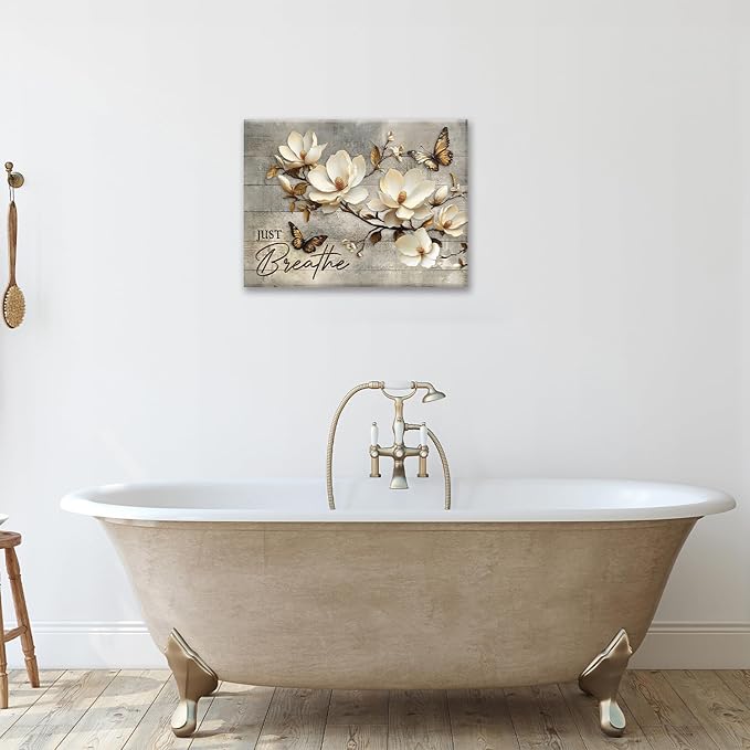 Floral Magnolia Bathroom Pictures Wall Art, Just Breathe Bathroom Wall Decor, Flower Butterfly Framed Painting Canvas Artwork for Bedroom Living Room Decorations 16"L x 12"W