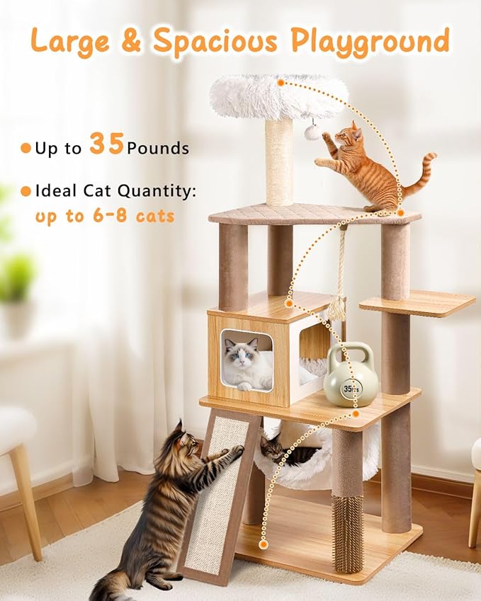 61" Wooden Cat Tree Tower for Indoor Cats, Luxury Modern Wooden Tower with XL Plush Lounge, Hammock & Scratching Posts for Maine Coon 20 lbs