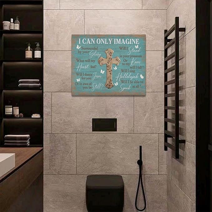Rustic Christian Cross Wall Art I Can Only Imagine Pictures Farmhouse Butterfly Wall Decor Teal Motivational Canvas Print Painting Artwork for Bathroom Living Room Bedroom 16"x20"