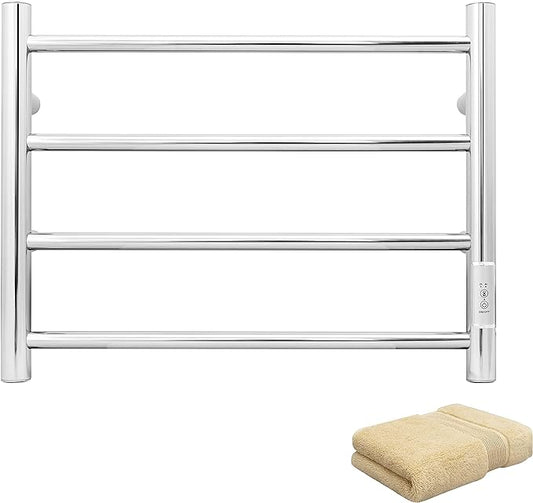 KEG Towel Warmer Wall Mounted with Built-in Timer 4 Bars Electric Stainless Steel Heated Towel Racks for Bathroom, Hot Plug-in Bath Towel Heater Polish Chrome