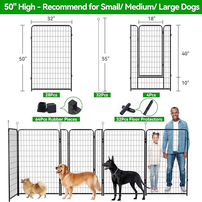 Dog Playpen Outdoor Extra Wide 32 Panels Heavy Duty Dog Fence 50" Height Anti-Rust with Doors Portable for RV Camping Yard, Total 84FT, 561 Sq.ft, Snowy Black