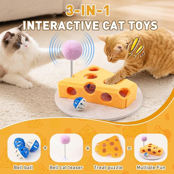 Interactive Cat Puzzle Toy for Indoor Cats & Kittens - Fun Track Balls & Spring Teaser in Stimulating Felt Puzzle Box (Yellow) - Mental Enrichment Game