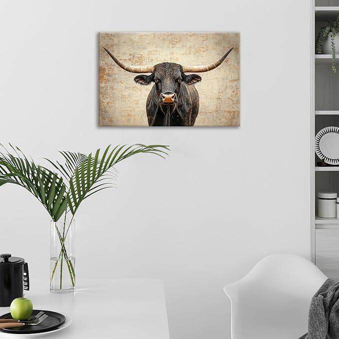Rustic Highland Cow Pictures Wall Art, Farmhouse Longhorn Bull Bathroom Wall Decor Black Cow Framed Painting Canvas Artwork for Bathroom Bedroom Living Room Decorations 24"L x 16"W