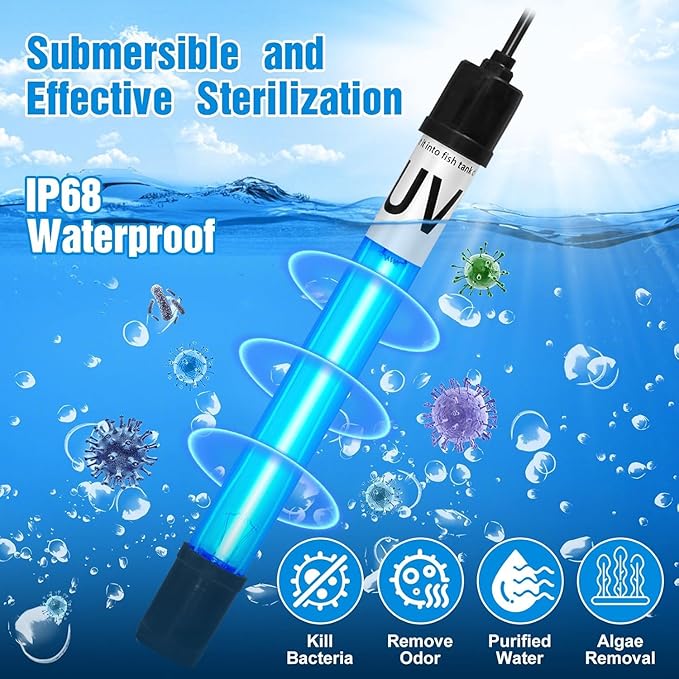 Turtle Tank Filter Aquarium Filter w/Detachable U-V Light for 30-75Gal, Waterfall Flow Adjustable Low Water Level Internal Green Clean Machine Killing Deodorization Saltwater Freshwater Crystal Clear