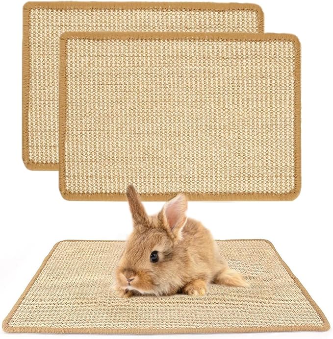 PODOO Bunny Scratch Pads, Sisal Rabbit Scratching Pad, Natural Rabbit Resting Mats for Cages, Forage Grass Mat Indoor Essentials Accessories for Guinea Pig Cat (2Pcs, 15.7x11.8 inches)