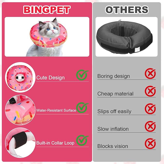 BINGPET Cat Cone Collar Soft,Waterproof Cat Recovery Collar to Stop Licking,Cute Donut Elizabethan e Collar for Cats Kittens Puppies Wound Healing After Surgery(Donut Pink,Small)
