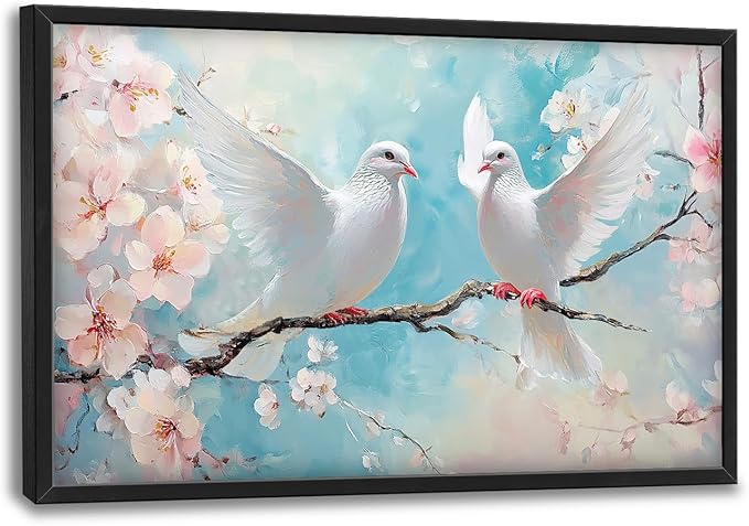 Large White Dove Flower Wall Art for Living Room, Framed Oversized Pigeon Cherry Blossom Wall Decor Nature Canvas Painting Modern Artwork for Living Room Bathroom Bedroom Office Dining Room 36"x24"