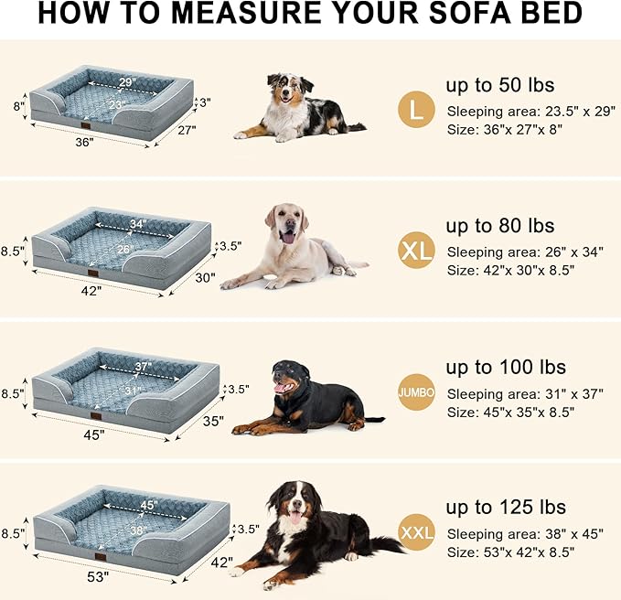 Orthopedic XL Dog Beds for Extra Large Dogs, Waterproof Memory Foam Dog Beds with Sides, Non-Slip Bottom and Egg-Crate Foam Big Dogs Couch with Removable Washable Cover(X-Large,Light Grey)