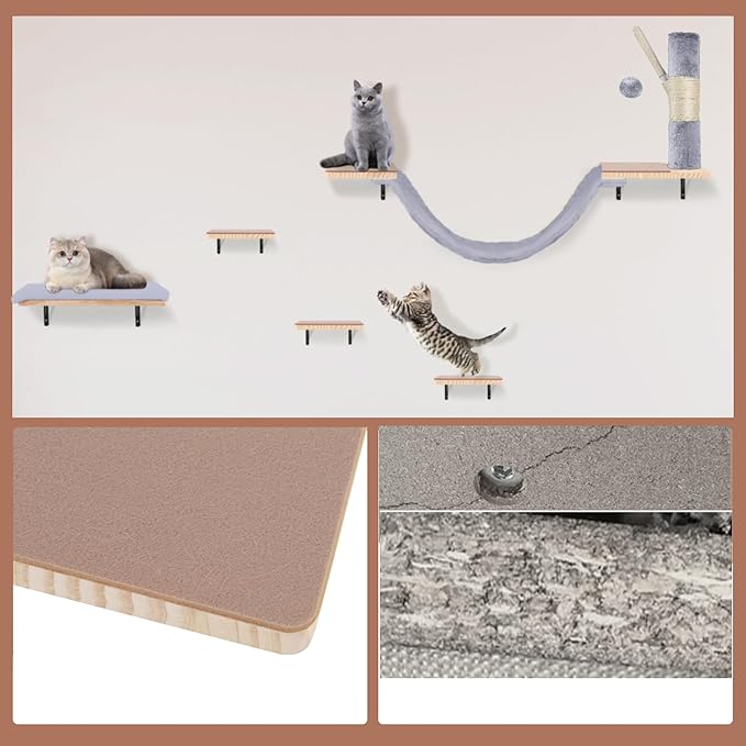 Cat Shelves for Wall, Wall Mounted Cat Furniture Set,with Hammock,Jumping Boards,Sofa,Steps,ScratchingPost,Hanging Ball and Felt Pads, Suit for Cats Climb, Jump,Scratch-Gray