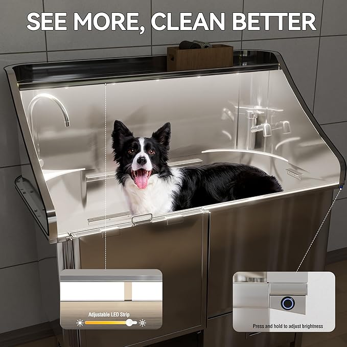 50'' Dog Washing Station - 304 Stainless Steel, LED Dog Bathing Station with Ramp, 2 Drawer, Floor Grate & Lick Pad for Large, Medium & Small Dogs
