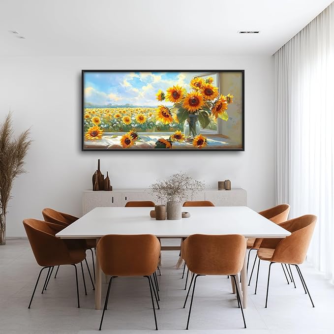 Large Sunflower Wall Art for Living Room, Framed Oversized Flower Field Wall Decor Nature Landscape Canvas Painting Modern Artwork for Living Room Bathroom Bedroom Office Dining Room 60"x30"