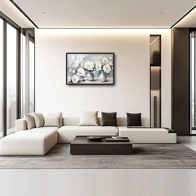 Large Farmhouse Floral Wall Art for Living Room, Framed Oversized White Flower Vase Wall Decor Grey Floral Canvas Painting Pictures Modern Artwork for Bathroom Bedroom Office Dining Room 36"x24"