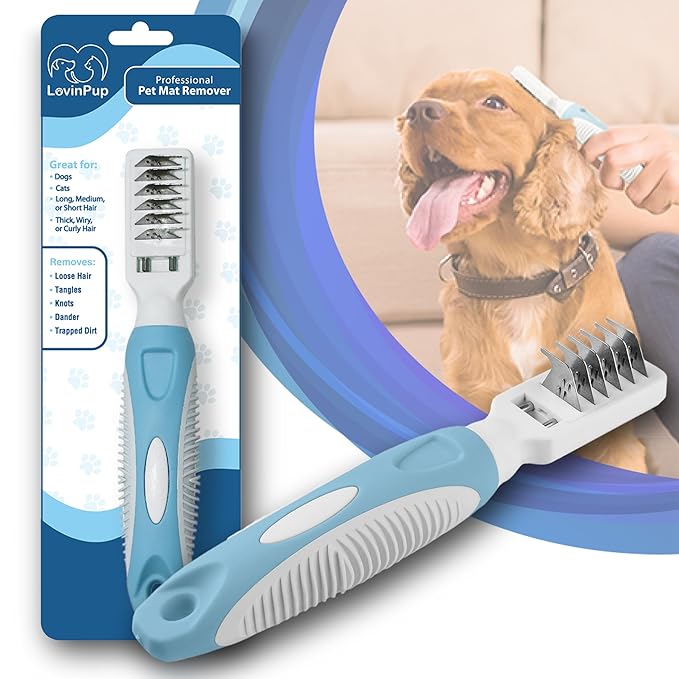 Pet Mat Remover Easily removes Mats Professionally from your DOGS & CATS and Straightens Tuft & Knotted Pet hair. Extremely Gentle on pets, works on Sensitive Skin too! Blue