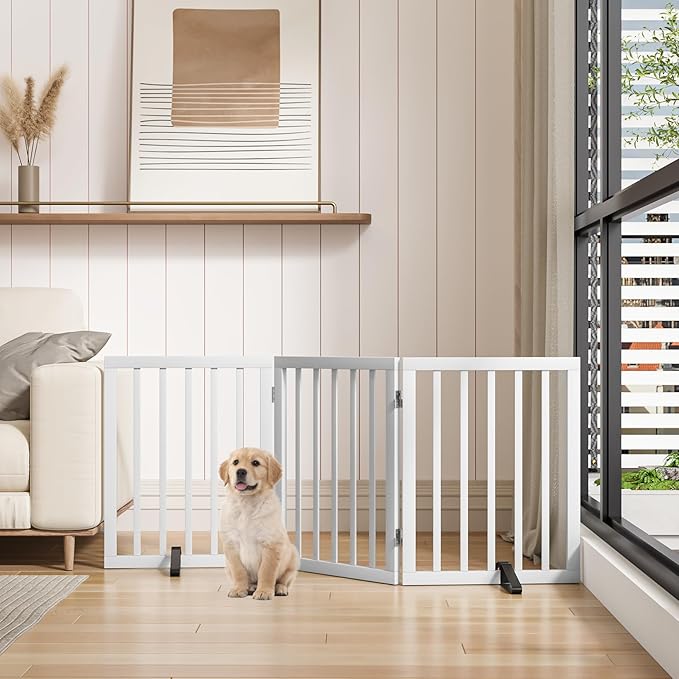 Dog Gates for The House Freestanding Foldable Pet Gates for Doorways 3 Panels 24'' Tall with 2PCS Support Feet Wooden White Dog Gate for Stairs