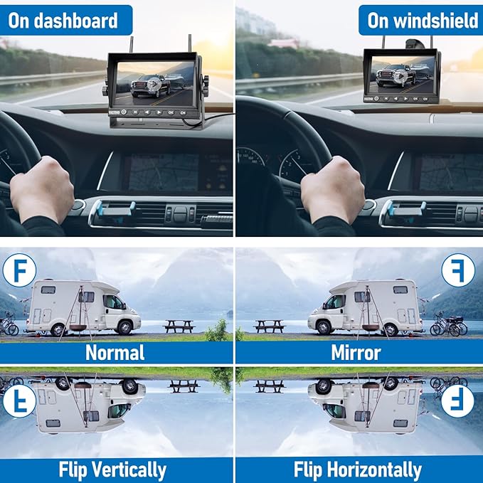 7 Inch RV Backup Camera Wireless, HD 1080P DVR Backup Camera High-Speed Rear View Observation System Stable Signals for RVs, Trucks, Trailers, IP69 Waterproof IR Night Vision