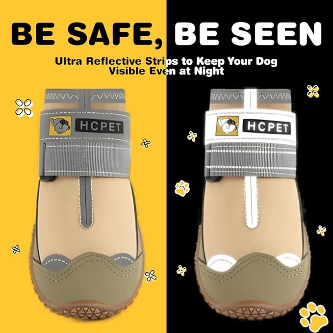 Hcpet Dog Shoes for Large Dogs, Waterproof Dog Booties for Small Medium Dogs, Anti-Slip Dog Boots & Paw Protectors for Hot Pavement Winter Snow Hiking with Reflective Straps Khaki Size 1