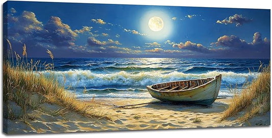 Quorin Beach Boat Large Wall Art Coastal Seaside Moonlight Pictures Nautical Wall Decor Seascape Canvas Print Painting Artwork for Bathroom Living Room Bedroom 30"x60"
