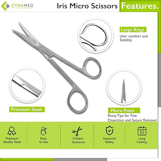 Cynamed Iris Micro Dissecting Precision Lab Scissors, Fine Point Straight - Perfect for Doctors, Nurses, EMS, Students, Education