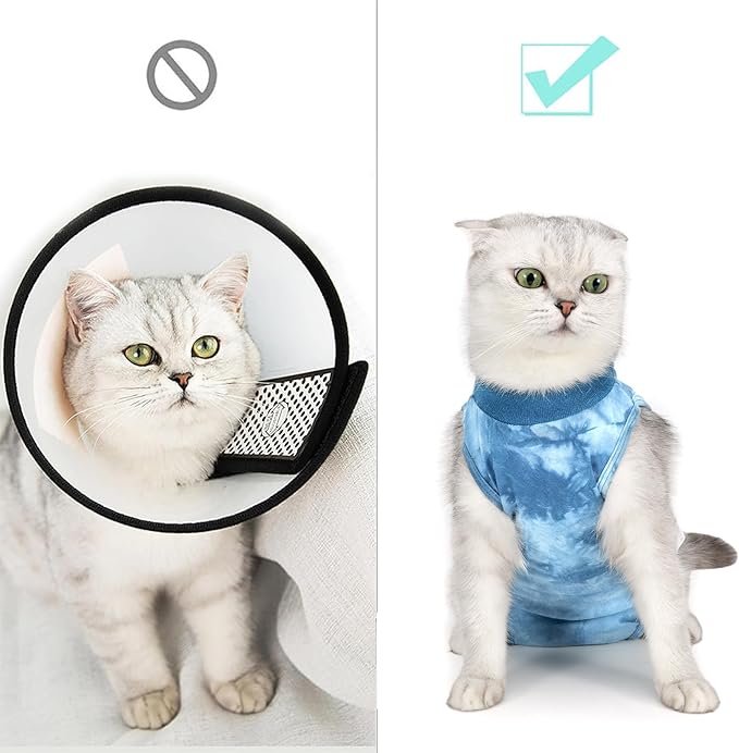 Cat Recovery Suit for Male and Female Surgical Post Surgery Soft Cone Onesie Tie Dye Cats Shirt Clothes Neuter Licking Protective Diapers Outfit Cover Kitten Spay Collar Alternative(Navy Blue, S)