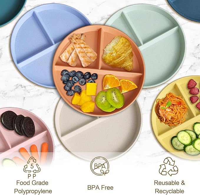 Divided Plates for Adults (8 Packs), Unbreakable Portion Control Plate Sectioned with Dividers, 9 Inch Plastic Food Separator Dinner Plates Lightweight Compartment BPA Free Reusable Microwave Safe