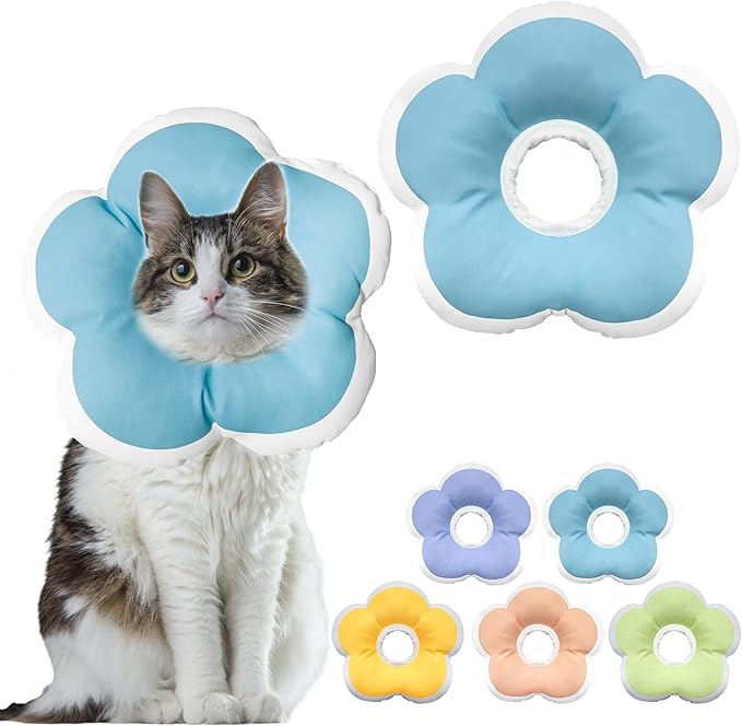 Cat Cone Collar Soft, Waterproof Cats Cones to Stop Licking After Surgery, Adjustable Soft Elizabeth Cats Collars for Wound Healing, Flower Shape Cat Recovery Collar (Blue, Large)