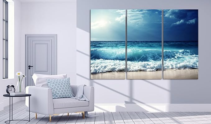 Nature Wall Art Prints - Ocean Forest Mountain Lake Canvas Landscapes - Small to Extra Large Living Room Bedroom Kitchen Bathroom Décor (Summer Ocean Beach, 55L" x 83W"- 3 Panels)