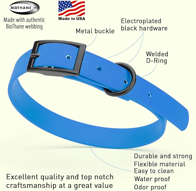 Dogline Biothane Waterproof Dog Collar Strong Coated Nylon Webbing with Black Hardware Odor- Proof for Easy Care Easy to Clean High Performance Fits Small Medium or Large Dogs, Cerulean Blue