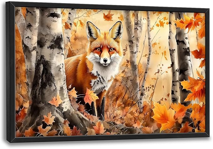 Large Fox Wall Art for Living Room, Framed Oversized Fall Autumn Forest Wall Decor Tree Maple Leaves Canvas Painting Modern Artwork for Living Room Bathroom Bedroom Office Dining Room 36"x24"