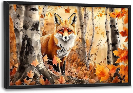 Large Fox Wall Art for Living Room, Framed Oversized Fall Autumn Forest Wall Decor Tree Maple Leaves Canvas Painting Modern Artwork for Living Room Bathroom Bedroom Office Dining Room 36"x24"