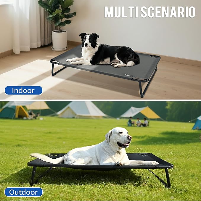 Elevated Dog Bed, Outdoor Dog Bed Raised Bed Cooling Waterproof Pet Beds Cots Stable and Easy Assembly, Teslin Fabric with 1.2mm Thick Iron Frame, Breathable, Ultra-Sturdy，Grey, 48 * 32 * 8.7