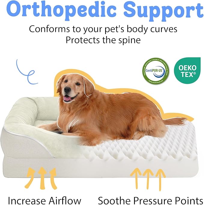 Orthopedic Washable Large Dog Bed - Egg Foam Dog Bed for Large and Medium Dogs Big Pet Beds with Removable Washable Cover and Bolster Non-Slip Bottom